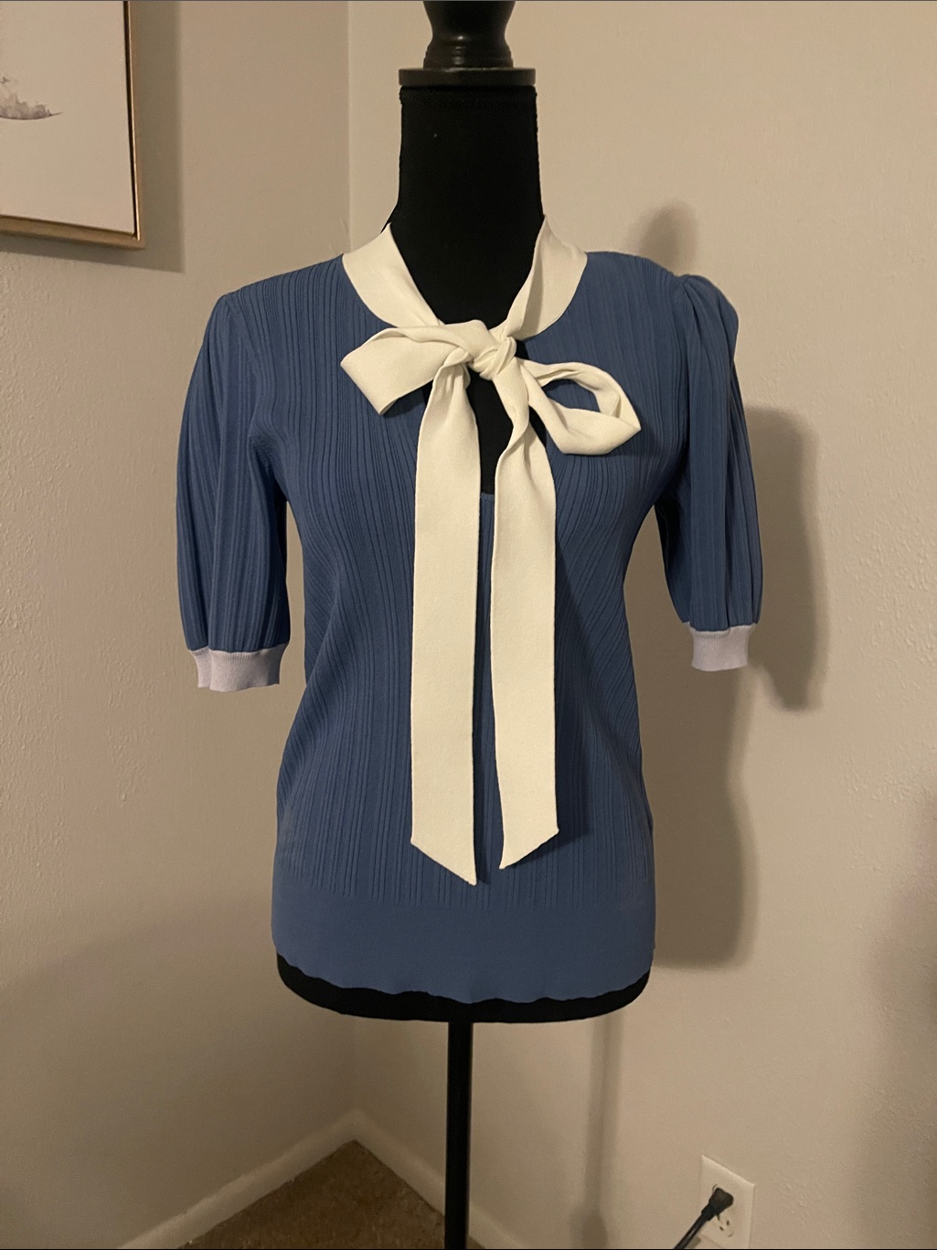 Kate Spade Blue Knit Short-Sleeve Top With White Tie